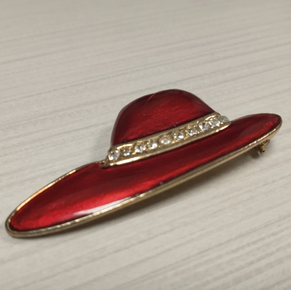 Red Hat Society Retro Hat Shaped‎ Enamel Gold Plates Brooch Vintage Jewelry Pin